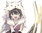  1girl artist_request bear brown_hair fur_trim green_eyes jewelry long_hair octopath_traveler open_mouth roaring short_hair simple_background smile solo sword tressa_(octopath_traveler) weapon white_background 