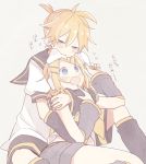  blush chewing fingers_to_mouth hair_ornament hair_ribbon hug hug_from_behind incest kagamine_len kagamine_rin ribbon ryou_(fallxalice) siblings sleepy twins worried 