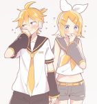  1boy 1girl blonde_hair blush embarrassed hair_ornament hair_ribbon holding_hands incest kagamine_len kagamine_rin looking_away navel ribbon ryou_(fallxalice) siblings sweat twincest twins vocaloid 