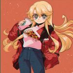  1girl alternate_costume anaglyph anno88888 bangs blonde_hair blue_eyes breasts casual coffee coffee_cup commentary cup denim disposable_cup drink eyebrows_visible_through_hair eyelashes fingernails food hand_in_pocket highres iowa_(kantai_collection) jacket jeans long_hair orange_background pants pizza pizza_shirt pocket red_jacket shirt simple_background smirk solo star star-shaped_pupils starbucks symbol-shaped_pupils t-shirt white_shirt 