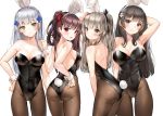  4girls animal_ears arm_up armpits arms_behind_head ass ass_visible_through_thighs back backless_leotard backless_outfit bangs black_eyes black_hair blue_hair blunt_bangs blush braid breasts brown_hair bunny_ears bunny_girl bunny_tail bunnysuit cleavage closed_mouth collarbone covered_navel crossed_bangs eyebrows_visible_through_hair fake_animal_ears fake_tail girls_frontline green_eyes grey_hair hair_between_eyes hair_ornament hair_ribbon hand_on_hip highleg highleg_leotard highres hk416_(girls_frontline) large_breasts lee_seok_ho leotard light_smile long_hair looking_at_viewer looking_back medium_breasts multiple_girls one_side_up pantyhose qbz-95_(girls_frontline) red_eyes ribbon ribs scar sidelocks simple_background small_breasts strapless strapless_leotard tail ump45_(girls_frontline) wa2000_(girls_frontline) white_background wrist_cuffs yellow_eyes 