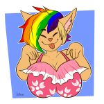  1:1 2019 absurd_res anthro big_breasts blue_eyes breasts canid canine canis clothed clothing digital_media_(artwork) domestic_cat ear_piercing felid feline felis female fur giobrauer hair hi_res looking_at_viewer mammal mia_dyke_(character) multicolored_hair pants piercing rainbow rainbow_hair shirt smile solo topwear wolky 