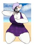  anthro beach big_breasts breasts collar eyewear female glasses hi_res kneeling looking_at_viewer mammal open_mouth outside porin seaside smile solo ursid 