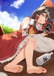  1girl alcohol arm_ribbon ascot bangs bare_shoulders barefoot black_hair blue_sky bottle bow cloud commentary day detached_sleeves eyebrows_visible_through_hair fan feet flan_(seeyouflan) frilled_bow frilled_shirt_collar frills grass hair_bow hair_tubes hakurei_reimu half-closed_eyes highres holding holding_fan long_hair looking_at_viewer lying on_side outdoors paper_fan parted_lips petticoat red_bow red_eyes red_ribbon red_skirt ribbon ribbon-trimmed_sleeves ribbon_trim sake sake_bottle sidelocks skirt skirt_set sky soles solo touhou translation_request uchiwa wooden_floor yellow_neckwear 