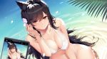  animal_ears anthropomorphism atago_(azur_lane) azur_lane beach bikini black_hair breasts brown_eyes camera cleavage erect_nipples foxgirl long_hair navel phone swimsuit waifu2x water xiaoyin_li 