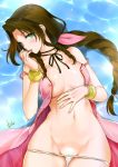  1girl aerith_gainsborough areolae black_ribbon blush bracelet braid breasts brown_hair choker collarbone dress eyebrows_visible_through_hair eyes_visible_through_hair final_fantasy final_fantasy_vii finger_to_mouth green_eyes hair_ribbon jewelry long_hair looking_at_viewer lying medium_breasts midriff mitarashi_kousei navel on_back panties panty_pull parted_lips pink_dress pink_ribbon pussy_peek ribbon ribbon_choker shiny shiny_hair signature single_braid skindentation solo strap_slip unbuttoned unbuttoned_dress underwear water white_panties 