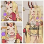  1girl bare_shoulders beads blonde_hair collagen collarbone doorknob facial_mark fangs fate/grand_order fate_(series) fingernails food forehead_mark highres ibaraki_douji_(fate/grand_order) ice_cream japanese_clothes kimono long_hair meme off_shoulder oni oni_horns open_mouth pointy_ears prayer_beads teeth thumbs_up wide_sleeves yellow_eyes yellow_kimono 