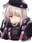  armor beret black_clothes eyebrows_visible_through_hair girls_frontline grin hat highlights hiruno mdr_(girls_frontline) multicolored_hair one_eye_closed personification pink_eyes signature smile tagme v white_hair 