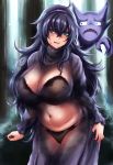  1girl @_@ al_bhed_eyes bags_under_eyes black_bra black_panties blush bra breasts dress exhibitionism gen_1_pokemon hairband haunter hex_maniac_(pokemon) highres hikari_(komitiookami) large_breasts long_dress long_hair looking_at_viewer messy_hair muffin_top outdoors panties pokemon pokemon_(creature) pokemon_(game) pokemon_xy purple_eyes purple_hair purple_hairband ribbed_sweater shiny shiny_hair shiny_skin solo standing stomach sweater underwear 