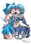  2girls ;d arm_up artist_name blue_dress blue_eyes blue_gloves blue_hair blue_skirt blush bobby_socks bow brown_footwear cheek-to-cheek cirno collarbone commentary_request crossover dated dress elbow_gloves eyebrows_visible_through_hair fortissimo fortissimo_hair_ornament gauntlets gloves hair_between_eyes hair_bow hair_ornament highres kneeling leg_belt looking_at_another looking_at_viewer magical_girl mahou_shoujo_madoka_magica miki_sayaka multiple_girls neck_ribbon one_eye_closed open_mouth over-kneehighs pinafore_dress puffy_short_sleeves puffy_sleeves red_neckwear ribbon shirt short_hair short_sleeves skirt smile socks thighhighs touhou v white_legwear white_shirt wing_collar wings yazawa_mana 