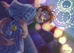  anthro brown_hair canid canine canis clothed clothing detailed_background domestic_dog fireworks hair male mammal morenatsu outside shun_(morenatsu) signature solo yu_chi_i 