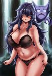  1girl @_@ al_bhed_eyes bags_under_eyes black_bra black_panties blush bra breasts curvy exhibitionism gen_1_pokemon hairband haunter hex_maniac_(pokemon) highres hikari_(komitiookami) large_breasts long_hair looking_at_viewer messy_hair muffin_top outdoors panties pokemon pokemon_(creature) pokemon_(game) pokemon_xy purple_eyes purple_hair purple_hairband shiny shiny_hair shiny_skin solo standing stomach underwear 