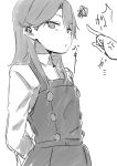  /\/\/\ 1girl anger_vein angry arashio_(kantai_collection) arms_behind_back bangs belt blush buttons closed_mouth collared_shirt commentary dress eyebrows_visible_through_hair eyes_visible_through_hair frown greyscale hair_over_shoulder highres kantai_collection long_hair long_sleeves looking_away monochrome pinafore_dress pointing puffy_cheeks rakisuto remodel_(kantai_collection) shirt simple_background skirt squiggle swept_bangs translation_request upper_body white_background 