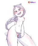  2019 absurd_res anthro blush braided_hair breasts digital_media_(artwork) female fur hair hark_(artist) hi_res horn jewelry looking_at_viewer looking_pleasured mammal masturbation meechee_(smallfoot) navel necklace nipples nude open_mouth patreon pussy simple_background smallfoot smile solo sweat white_fur yeti 