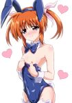  1girl animal_ears blue_eyes blue_leotard blue_neckwear blush bow bowtie breasts brown_hair bunny_ears bunny_tail bunnysuit closed_mouth collarbone fake_animal_ears fake_tail hair_ornament hair_ribbon heart heart_background highres leotard leotard_pull looking_at_viewer lyrical_nanoha mahou_shoujo_lyrical_nanoha mahou_shoujo_lyrical_nanoha_a&#039;s nipples ribbon shiny shiny_clothes shiny_hair shiny_skin short_hair simple_background small_breasts smile solo tail takamachi_nanoha thighhighs user_jvnc5823 white_legwear 