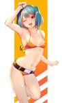  1girl ;d ahoge aqua_nails arm_up armpits bare_arms bare_legs bare_shoulders bikini bikini_top blush breasts collarbone green_hair highres legs looking_at_viewer macross macross_frontier micro_shorts nail_polish navel one_eye_closed open_mouth ranka_lee red_eyes shiny shiny_skin shiromonefu short_hair shorts small_breasts smile solo stomach strap_gap swimsuit 