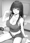  1girl bangs barefoot blurry blurry_background blush breasts cleavage collarbone controller denim denim_shorts eyebrows_visible_through_hair game_controller gamepad greyscale highres indoors large_breasts long_hair looking_at_viewer midriff monochrome navel nintendo_switch_pro_controller one_eye_closed open_fly original panties parted_lips shorts sitting solo sweat takocha tank_top teeth unbuttoned underwear unzipped wariza zipper 