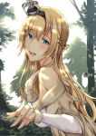  1girl blonde_hair blue_eyes blush braid breasts crown dress eyebrows_visible_through_hair floral_background forest french_braid hair_between_eyes hairband kantai_collection kuurunaitsu large_breasts long_hair long_sleeves looking_at_viewer mini_crown nature off-shoulder_dress off_shoulder open_mouth smile solo sunlight warspite_(kantai_collection) white_dress 
