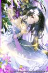  1girl bare_shoulders black_hair company_name copyright_request dated dress flower frilled_dress frills highres long_hair looking_at_viewer official_art purple_eyes solo standing sukja very_long_hair white_dress 