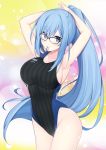  1girl armpits arms_behind_head arms_up bangs bare_arms bare_shoulders black-framed_eyewear black_swimsuit blue_eyes blue_hair blush breasts collarbone commentary_request competition_swimsuit cowboy_shot emori_miku emori_miku_project floating_hair glasses hair_tie_in_mouth highres large_breasts long_hair looking_at_viewer miko_92 mouth_hold one-piece_swimsuit ponytail sidelocks smile solo standing swimsuit thighs very_long_hair 