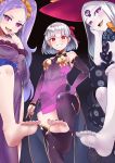  3girls abigail_williams_(fate/grand_order) absurdres bangs bare_shoulders black_bow black_headwear blush bow breasts closed_mouth detached_sleeves dress earrings fate/grand_order fate_(series) feet forehead grin hair_between_eyes hair_ornament hair_ribbon hair_scrunchie hat highres jewelry kama_(fate/grand_order) keyhole legs long_hair looking_at_viewer multiple_girls orange_bow parted_bangs pelvic_curtain pink_ribbon purple_dress purple_eyes purple_hair purple_legwear purple_sleeves red_eyes ribbon ring sash scrunchie senbon_tsuki short_hair silver_hair sleeveless sleeveless_dress small_breasts smile tentacles thighs third_eye toes twintails very_long_hair white_hair white_skin witch_hat wu_zetian_(fate/grand_order) yellow_scrunchie 