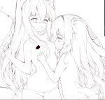  2girls animal_ears ass bangs blush bow bow_panties breast_sucking breasts cameltoe censored character_request collarbone commentary eyebrows_visible_through_hair girls_frontline greyscale hair_between_eyes hair_intakes hair_ornament long_hair monochrome multiple_girls navel nose_blush open_mouth panties ribeyrolles_1918_(girls_frontline) small_breasts symbol_commentary tail tail_raised tandohark topless underwear underwear_only very_long_hair work_in_progress 