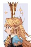  1girl bangs blonde_hair blue_eyes breastplate charlotta_fenia closed_mouth crown granblue_fantasy grey_background hankuri harvin long_hair looking_away mini_crown pointy_ears puffy_short_sleeves puffy_sleeves short_sleeves smile solo sparkle two-tone_background upper_body white_background wing_collar 