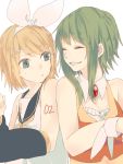  2girls :&lt; ^v^ bare_shoulders blonde_hair blue_eyes breasts bumping cleavage closed_eyes collar frilled_shirt_collar frills furrowed_eyebrows green_hair gumi hair_ribbon kuronyanko multiple_girls pouty_lips ribbon short_hair shoulder-to-shoulder sleeveless smile sweatdrop visible_ears vocaloid 