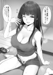  1girl bangs barefoot blurry blurry_background blush breasts cleavage collarbone controller denim denim_shorts eyebrows_visible_through_hair game_controller gamepad greyscale highres indoors large_breasts long_hair looking_at_viewer midriff monochrome navel nintendo_switch_pro_controller one_eye_closed open_fly original panties parted_lips shorts sitting solo sweat takocha tank_top teeth translated unbuttoned underwear unzipped wariza zipper 