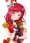  1girl :q back_bow band_uniform bow cross-laced_clothes epaulettes finger_to_chin gloves group_name hair_bow hat hat_feather highres index_finger_raised light_blush love_live! love_live!_school_idol_project medium_hair nishikino_maki purple_eyes red_feathers red_hair red_vest shako_cap sleeveless solo striped striped_bow tongue tongue_out upper_body usamaru67pi vest white_background white_bow white_gloves wrist_cuffs 