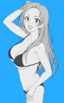  1girl adjusting_hair arm_up bikini blue_background blush breasts cleavage collarbone earrings eyebrows_visible_through_hair hand_on_hip highres idolmaster idolmaster_cinderella_girls jewelry large_breasts long_hair looking_at_viewer matsunaga_ryou monochrome nigou open_mouth simple_background smile solo swimsuit 