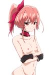  1girl black_gloves blush breasts choker closed_mouth collarbone eyebrows eyebrows_visible_through_hair gloves groin hair_ornament hair_ribbon highres iris_(nanoha) large_breasts long_hair looking_at_viewer lyrical_nanoha mahou_shoujo_lyrical_nanoha_detonation monochrome_background navel nipples nude pink_hair ponytail red_eyes ribbon shiny shiny_hair simple_background solo sweat user_jvnc5823 white_background 