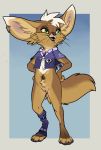  2019 anthro barefoot big_ears bottomless breasts brown_fur canid canine clothed clothing digital_media_(artwork) female fennec fox fur green_eyes hair hi_res legwear mammal open_mouth paws pubes pussy reign-2004 simple_background smile socks solo standing teeth toeless_socks toes tongue vest whiskers white_hair 