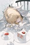  1girl bangs blonde_hair bridal_veil cake chain chair closed_mouth commentary_request cup expressionless eyelashes fate/extra fate/extra_ccc fate/grand_order fate_(series) food fruit gloves green_eyes head_rest head_wreath holding lock long_sleeves looking_away nero_claudius_(bride)_(fate) nero_claudius_(fate)_(all) padlock petals plant plate saucer sidelocks sitting solo spoon strawberry table tea teacup teapot upper_body veil wanke white_gloves 