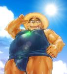  2019 anthro belly brown_fur bulge clothing cute_fangs eyewear fur glasses hat headgear headwear humanoid_hands male mammal moobs navel oaks16 overweight overweight_male solo straw_hat sweat tokyo_afterschool_summoners underwear ursid video_games volos 