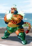  2019 anthro beach beard belly bottomwear clothing cute_fangs facial_hair felid green_eyes hi_res hombretigre humanoid_hands hunmut male mammal navel overweight overweight_male pantherine seaside shorts solo tiger tokyo_afterschool_summoners video_games water 