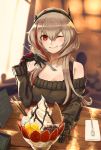  1girl ;) bangs blurry blurry_background blush breasts brown_hair brown_sweater cafe chocolate cream day eyeball food fruit fumafu girls_frontline glint hair_between_eyes headgear highres holding holding_spoon ice_cream indoors long_hair looking_at_viewer m4_sopmod_ii_(girls_frontline) mechanical_hands menu multicolored_hair napkin off-shoulder_sweater off_shoulder one_eye_closed parfait pov red_eyes sidelocks sitting smile solo spoon strawberry streaked_hair sweater wafer_stick 