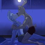  1:1 anthro beastars boxers_(clothing) canid canine canis cervid clothed clothing duo fuze hi_res kissing kneeling legosi_(beastars) louis_(beastars) male male/male mammal night romantic straddling topless underwear wolf 