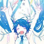  1girl ^_^ ^o^ arms_up blue_hair cheering closed_eyes happy hatsune_miku kuronyanko open_mouth outstretched_arms star teeth twintails vocaloid white_background 