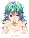  :s blue_hair breasts cleavage confused dress hands_together kuronyanko lace lace-trimmed_dress looking_at_viewer nail_polish original pov sleeveless sleeveless_dress white_dress 