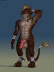  4_ears absurd_res animal_genitalia animal_penis anthro balls barbed_penis blonde_hair brown_fur charr claws digital_media_(artwork) erection fangs felid fur guild_wars hair hi_res horn knot looking_at_viewer male mammal multi_ear muscular nude penis ru_the_charr simple_background smile solo video_games virtyalfobo 