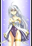  1girl 80s ahoge bare_shoulders breasts cleavage collar collarbone covered_navel elf groin highleg hikaru_(mikan0407) knife langrisser leotard long_hair oldschool pointy_ears red_eyes solo strapless thigh_strap traditional_media very_long_hair white_hair zerida 