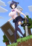  2girls bangs behind_tree blush bow bowtie breasts commentary dola_(nijisanji) dragon_horns full_body grin highres holding holding_sword holding_weapon horns huge_breasts legs long_hair looking_at_viewer loose_neckwear minecraft miniskirt multiple_girls nijisanji outdoors pantyhose partially_unbuttoned purple_bow red_hair school_uniform shizuka_rin short_hair skirt smile sword thighs torn_clothes torn_legwear tree virtual_youtuber wantsupanchi!! weapon yellow_eyes 