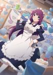  1girl apron artist_request balloon blue_eyes breasts cake closed_mouth cup drink drinking_glass drinking_straw food heart highres holding holding_tray indoors long_hair looking_at_viewer maid maid_apron maid_headdress medium_breasts monogatari_(series) official_art purple_hair senjougahara_hitagi solo source_request standing stationery tray waitress 