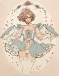  1girl breasts collar cropped_legs feet_out_of_frame flower frills highres jasmin_darnell large_breasts light_brown_hair lips looking_at_viewer navel original outstretched_arms petals red_flower red_nails red_rose rose solo thighhighs white_legwear wings 