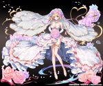  1girl apple_caramel bare_shoulders blonde_hair blue_eyes bouquet breasts cleavage company_name detached_sleeves dress flower full_body gold_trim grey_background hair_flower hair_ornament hair_ribbon highres holding holding_bouquet kurokishi_to_shiro_no_maou looking_at_viewer medium_breasts official_art petals pink_ribbon ribbon short_hair standing thigh_strap veil wedding_dress white_dress 