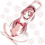  1girl 2019 armpits arms_up artist_name blush bra breasts cleavage dated dutch_angle floral_background groin indian_style mahou_shoujo_madoka_magica mr_nini navel panties pink_bra pink_eyes pink_hair pink_panties sakura_kyouko sitting small_breasts smile solo stretch twitter_username underwear underwear_only 