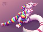  2019 4_toes anthro arm_warmers armwear clothing collar digital_media_(artwork) dragon fur furred_dragon green_eyes jockstrap legwear looking_at_viewer male multicolored_clothing pink_nose rainbow_clothing simple_background sitting smile solo stockings teeth the_secret_cave toes underwear 
