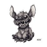  1:1 2018 4_toes alien claws disney experiment_(species) fluffy fur graphite_(artwork) greyscale hi_res lilo_and_stitch mike_van_waes monochrome notched_ear open_mouth open_smile pawpads pencil_(artwork) realistic sharp_teeth simple_background sitting small_tail smile stitch teeth toes traditional_media_(artwork) white_background 