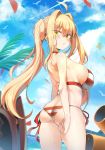  1girl ahoge ass bikini blonde_hair breasts fate/grand_order fate_(series) green_eyes hair_intakes highres large_breasts looking_at_viewer looking_back nero_claudius_(fate)_(all) nero_claudius_(swimsuit_caster)_(fate) pring654 red_bikini side-tie_bikini skindentation solo striped striped_bikini swimsuit twintails 